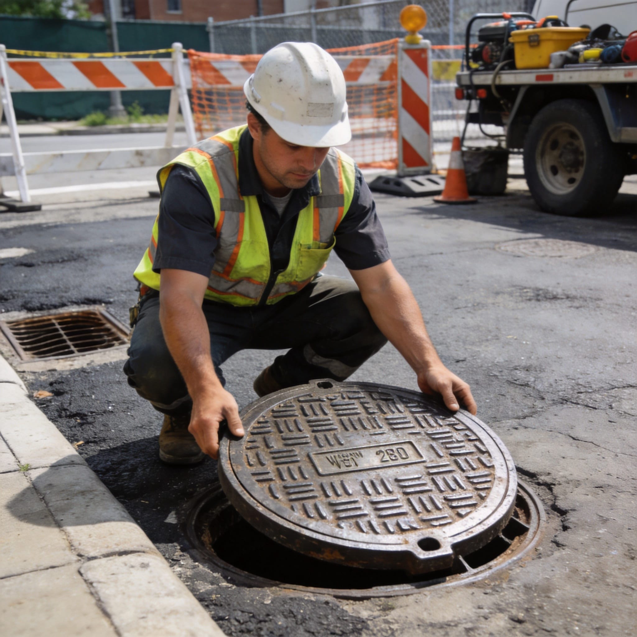 Worker lifting a heavy cast iron manhole cover