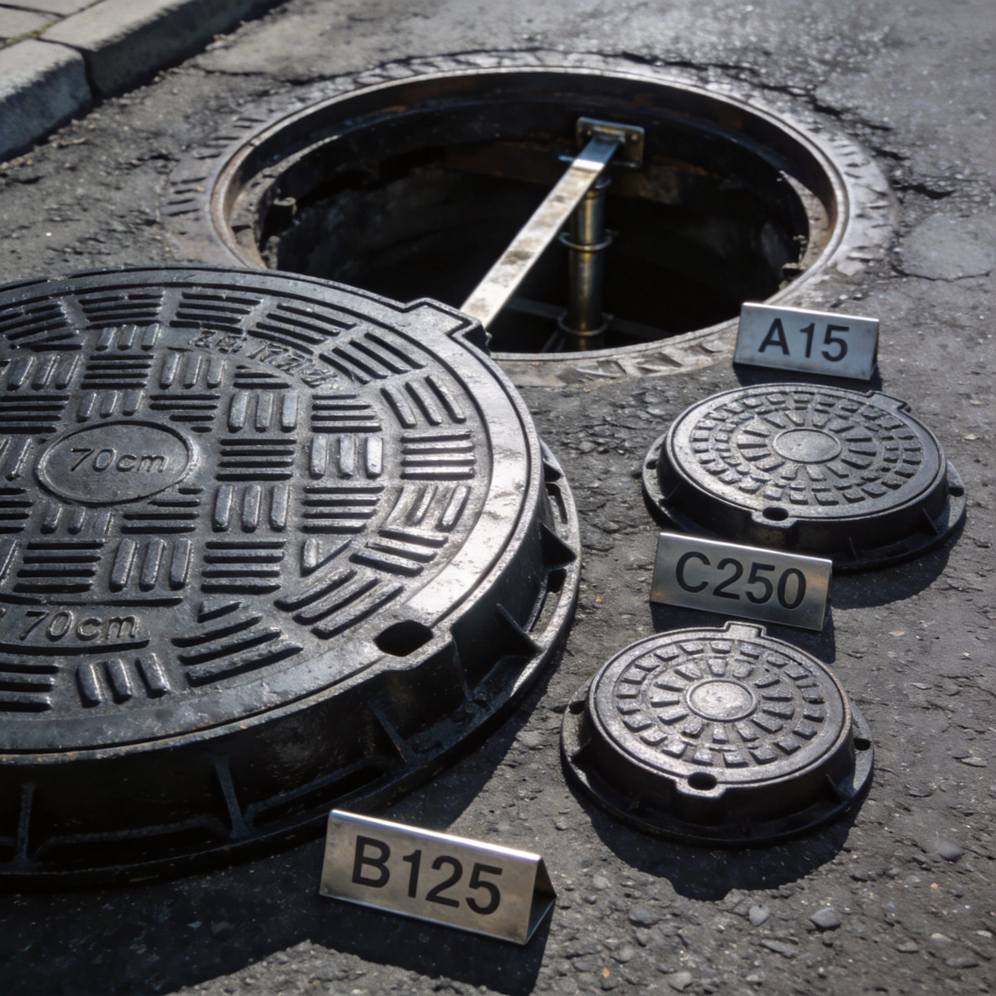 Measuring a manhole cover with a tape measure and scale