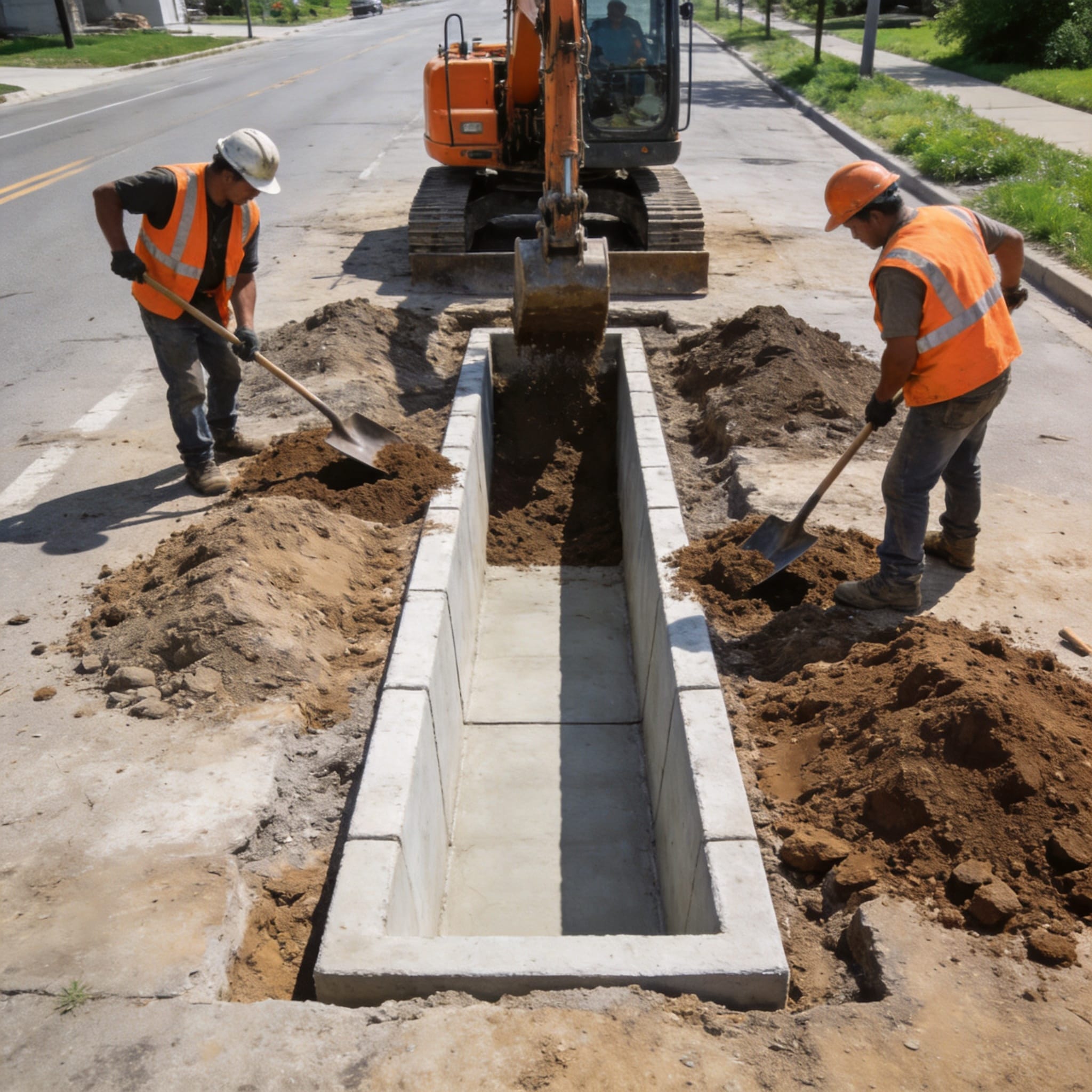 Concrete base being poured for drainage channel