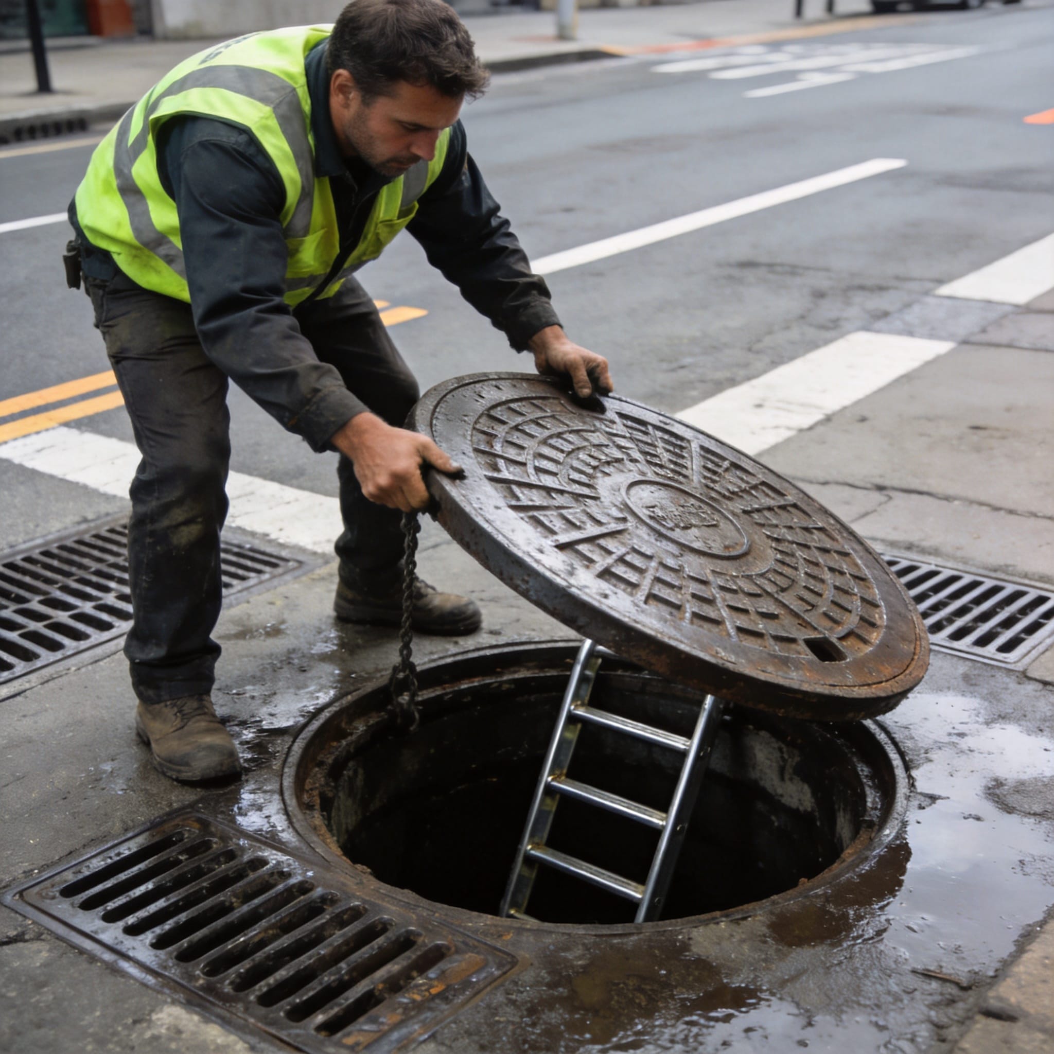 Broken manhole cover on ground