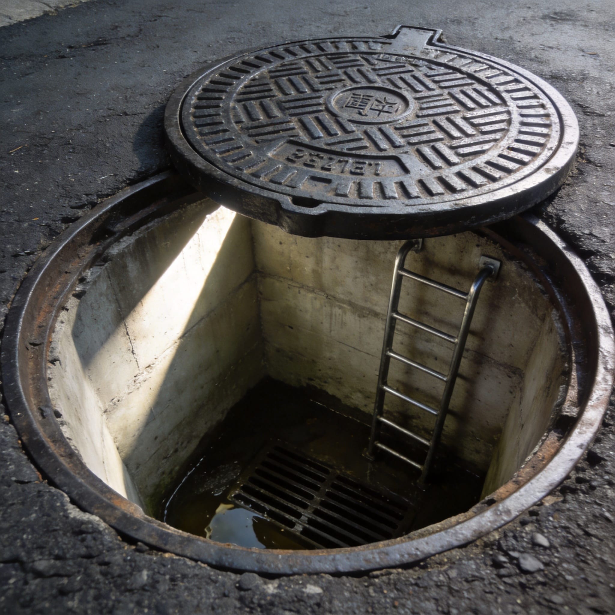 Close-up of manhole cover showing diamond tread pattern