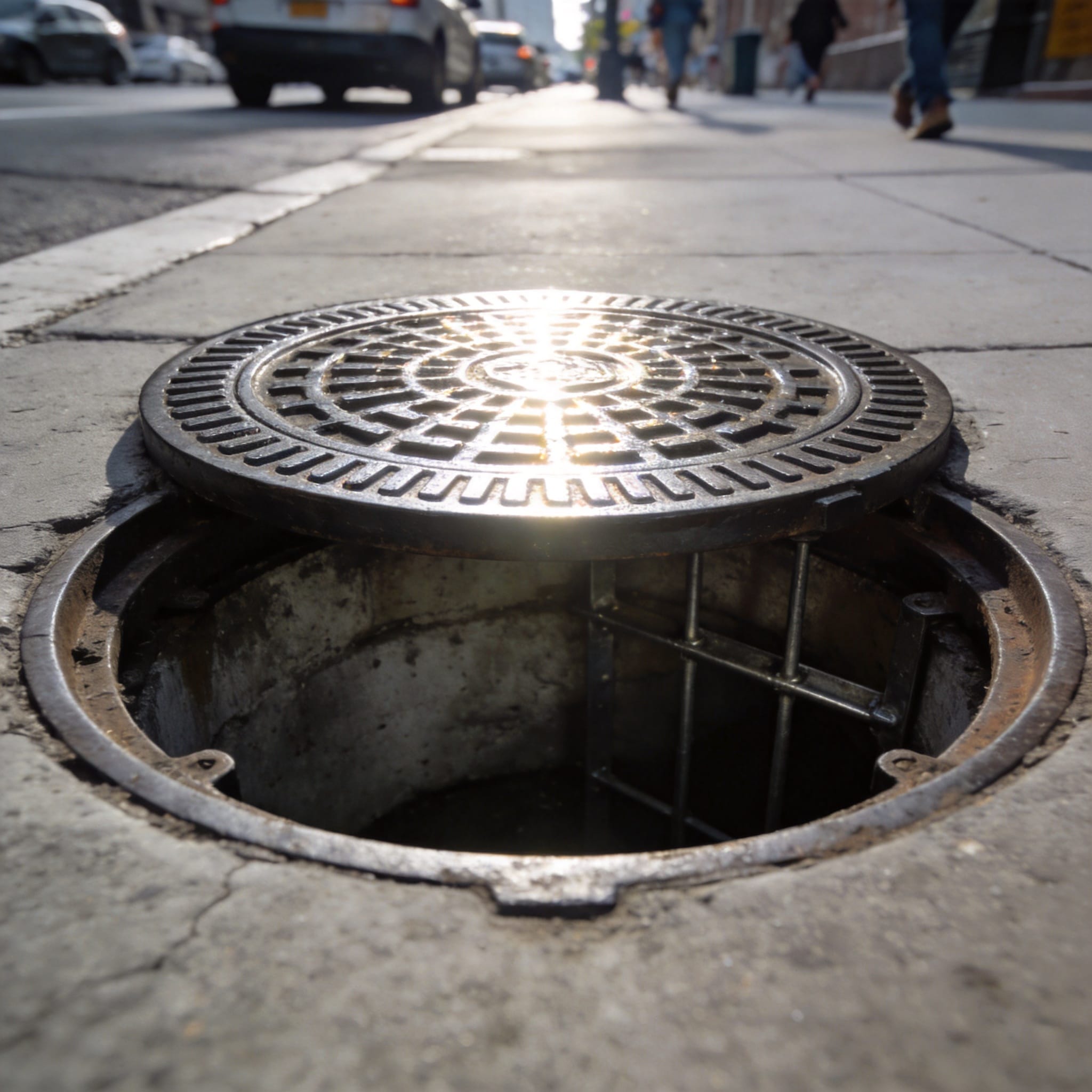 Worker installing a round manhole cover on a road