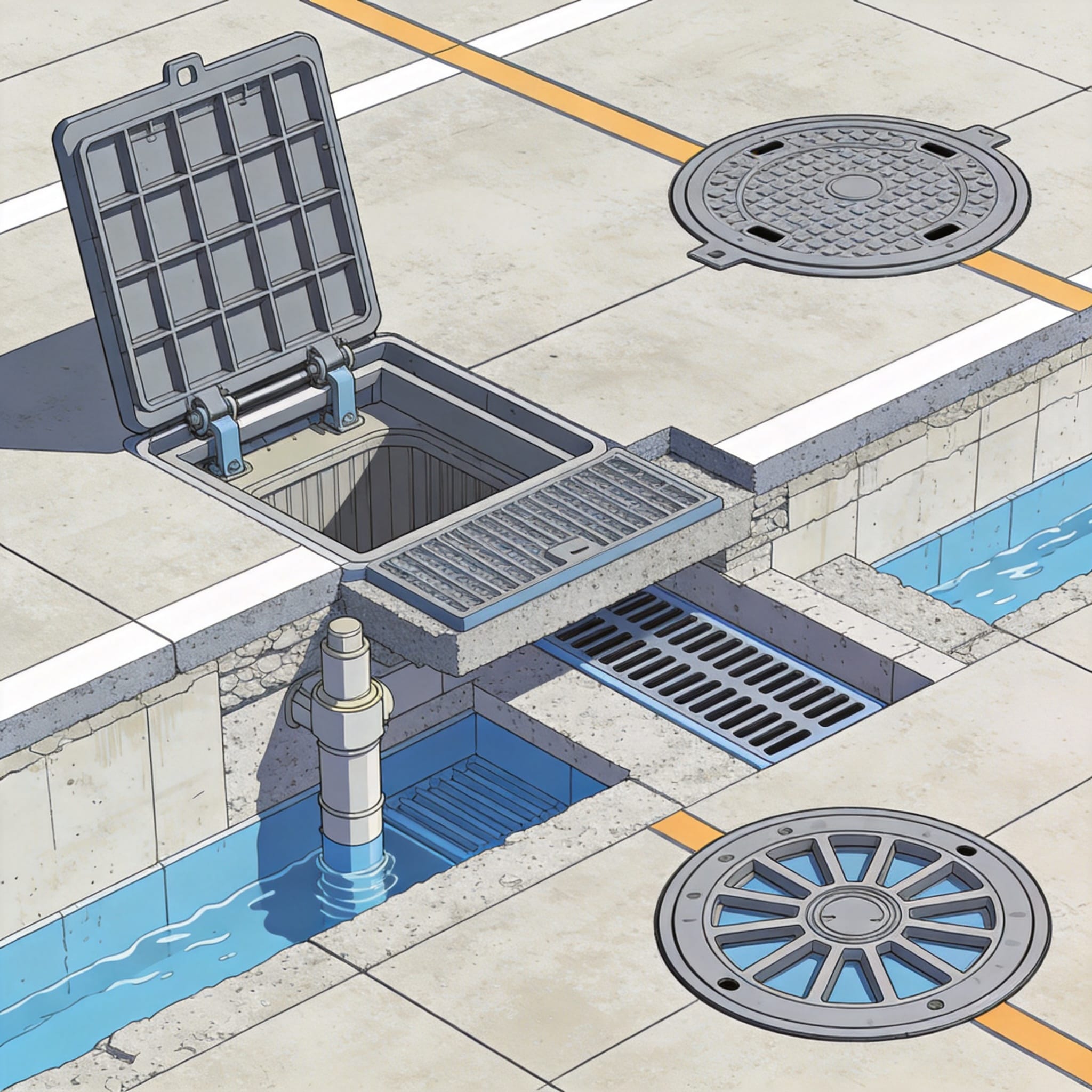 Aircraft landing gear on airport pavement with drainage cover