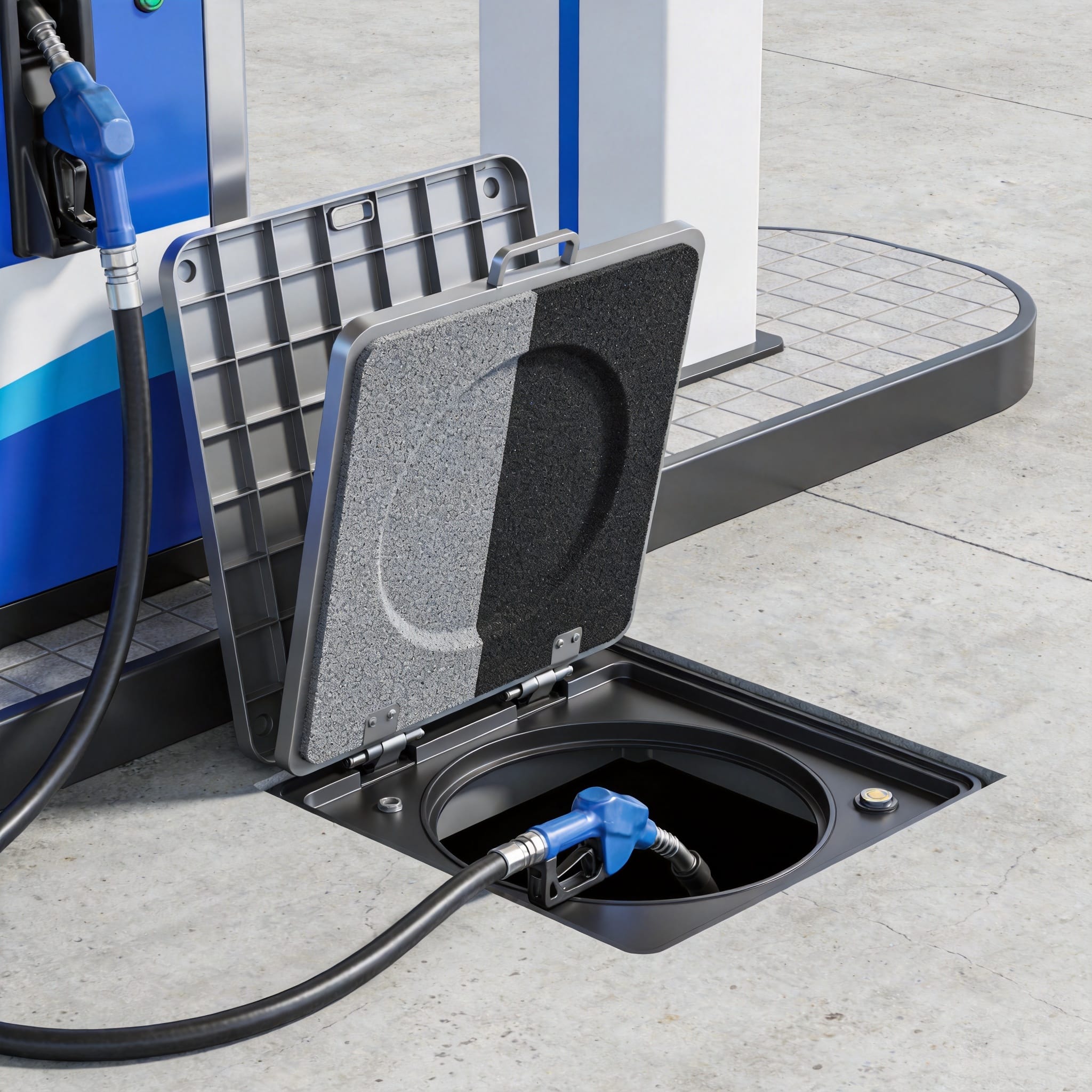 Petrol station fuel unloading cover with tanker connection