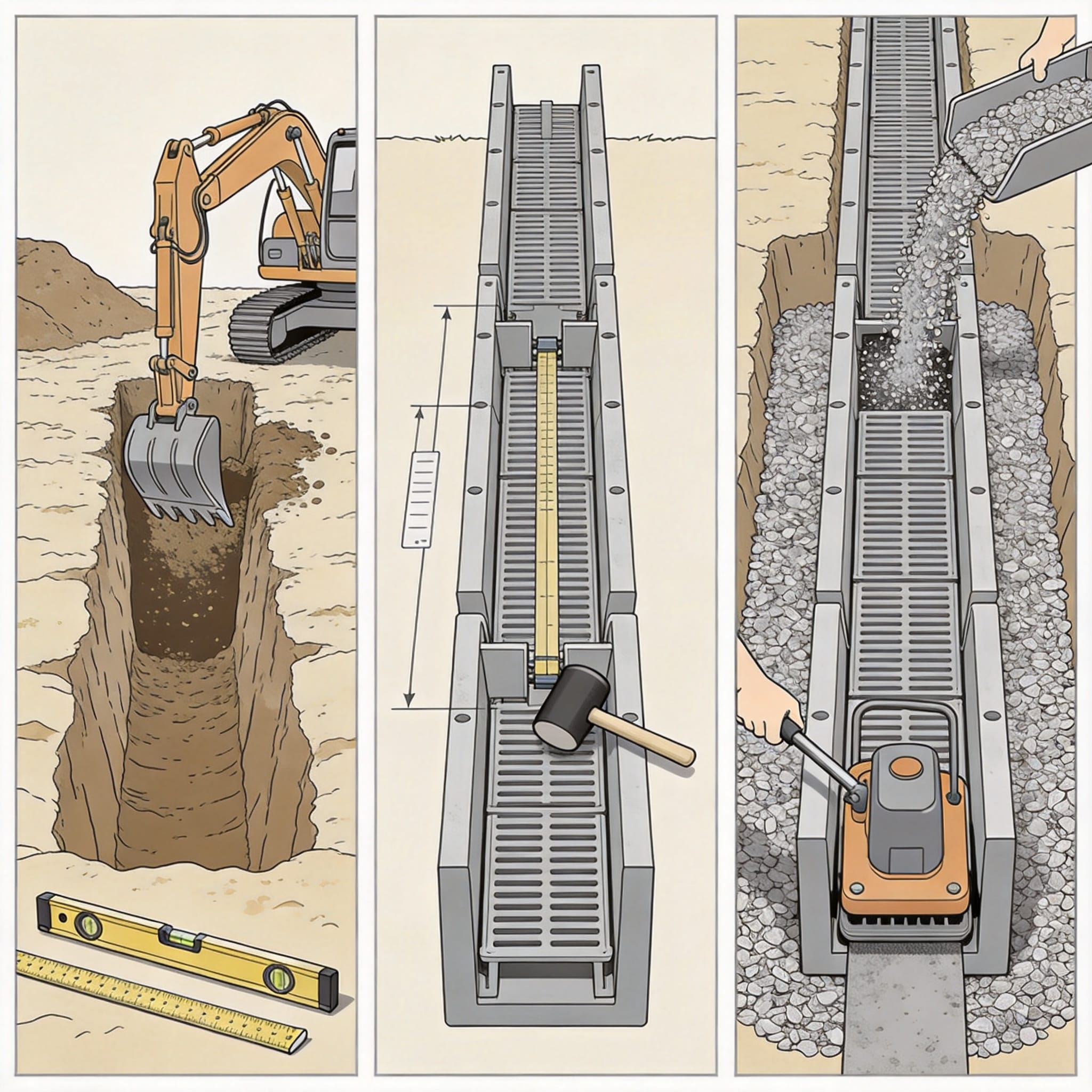 Trench excavation width and depth for drainage channel installation