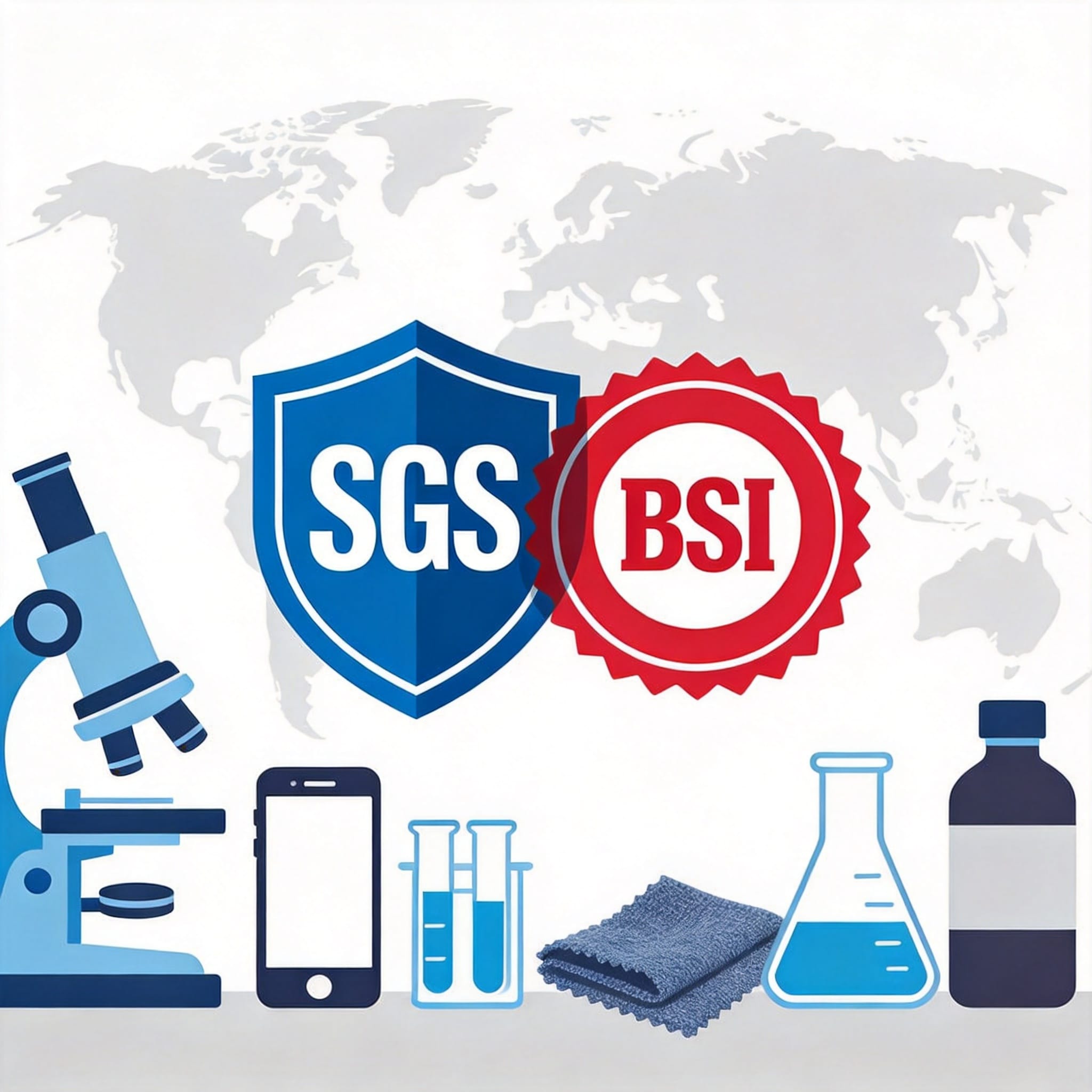 SGS and BSI certification documents on a desk